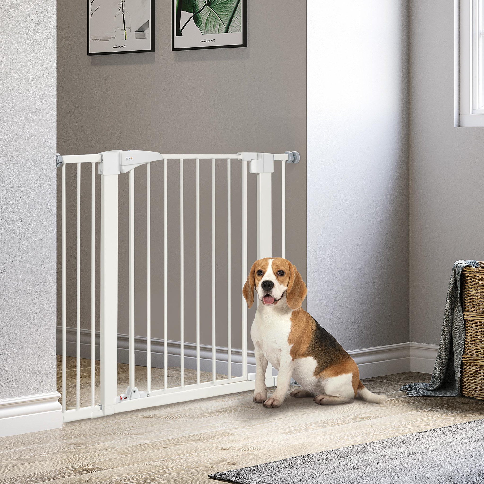Voir la diapositive 2 : PAWHUT Barrière de sécurité animaux réglable 76-103l cm - porte 2 verrouillages, ouverture 2 sens - acier abs blanc