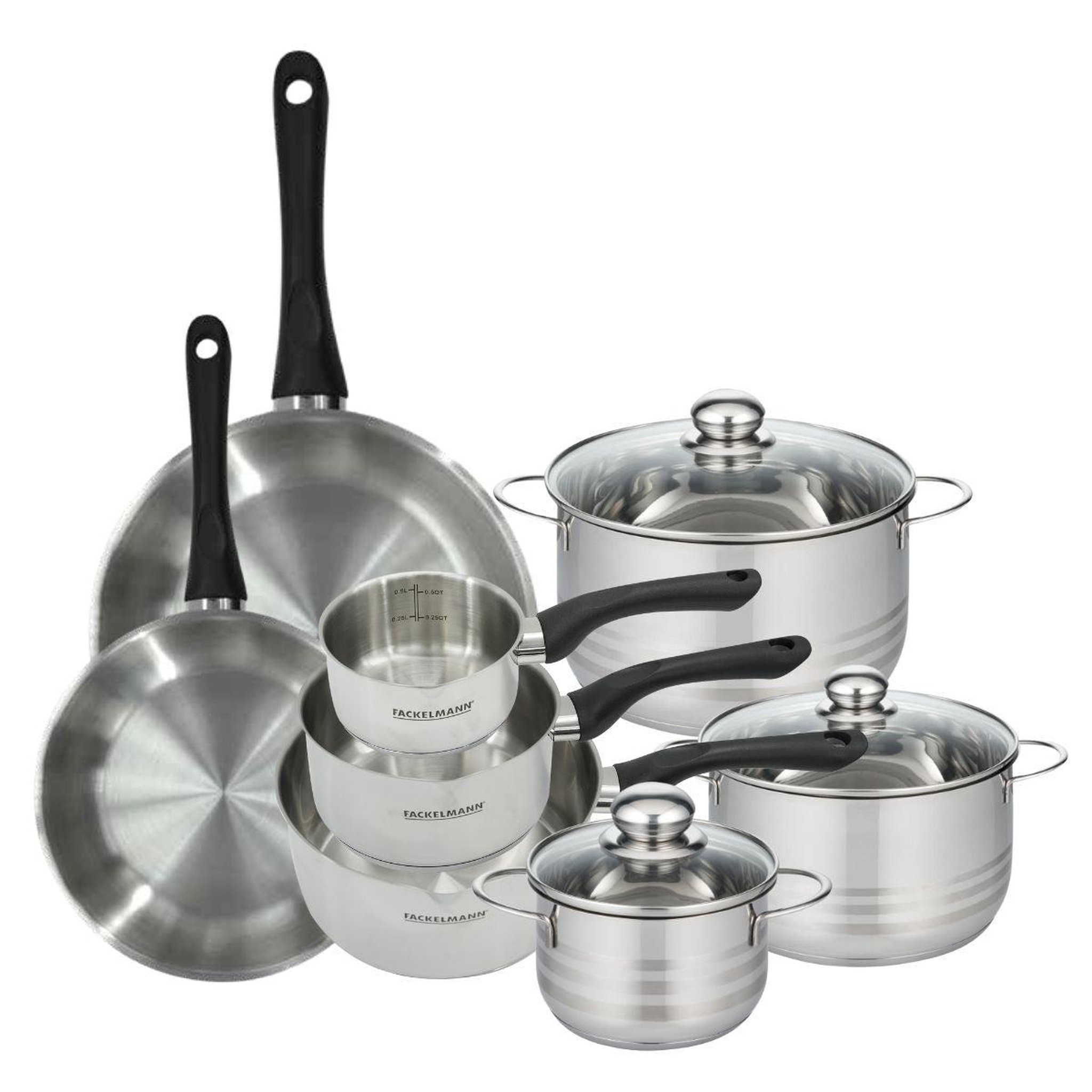 Fackelmann Batterie de cuisine avec 2 poêles 24/28 cm 3 casseroles 12/16/20 cm et 3 faitouts 16/20/24 cm en inox sans pfas fackelmann généva brillant