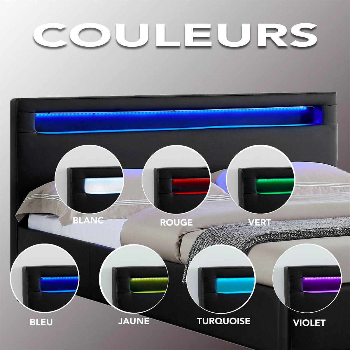 IDIMEX Lit LED simple MIIRANDO 120x190 cm, avec sommier, revêtement synthétique