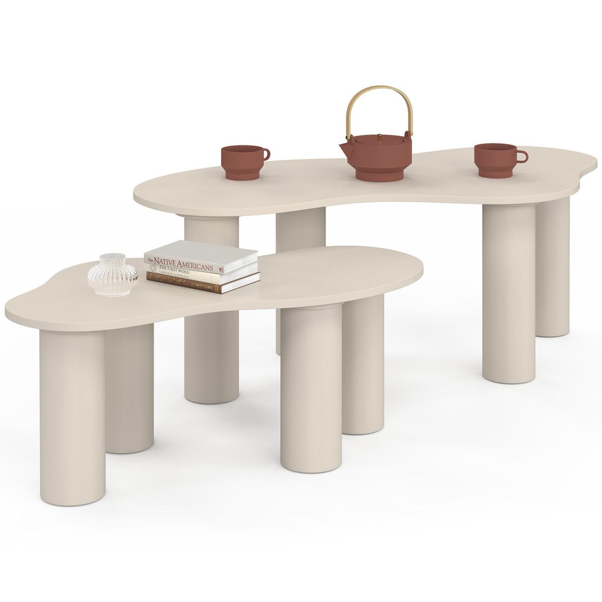 ID MARKET Lot de 2 tables basses gigognes organique 80/110 cm bois beige
