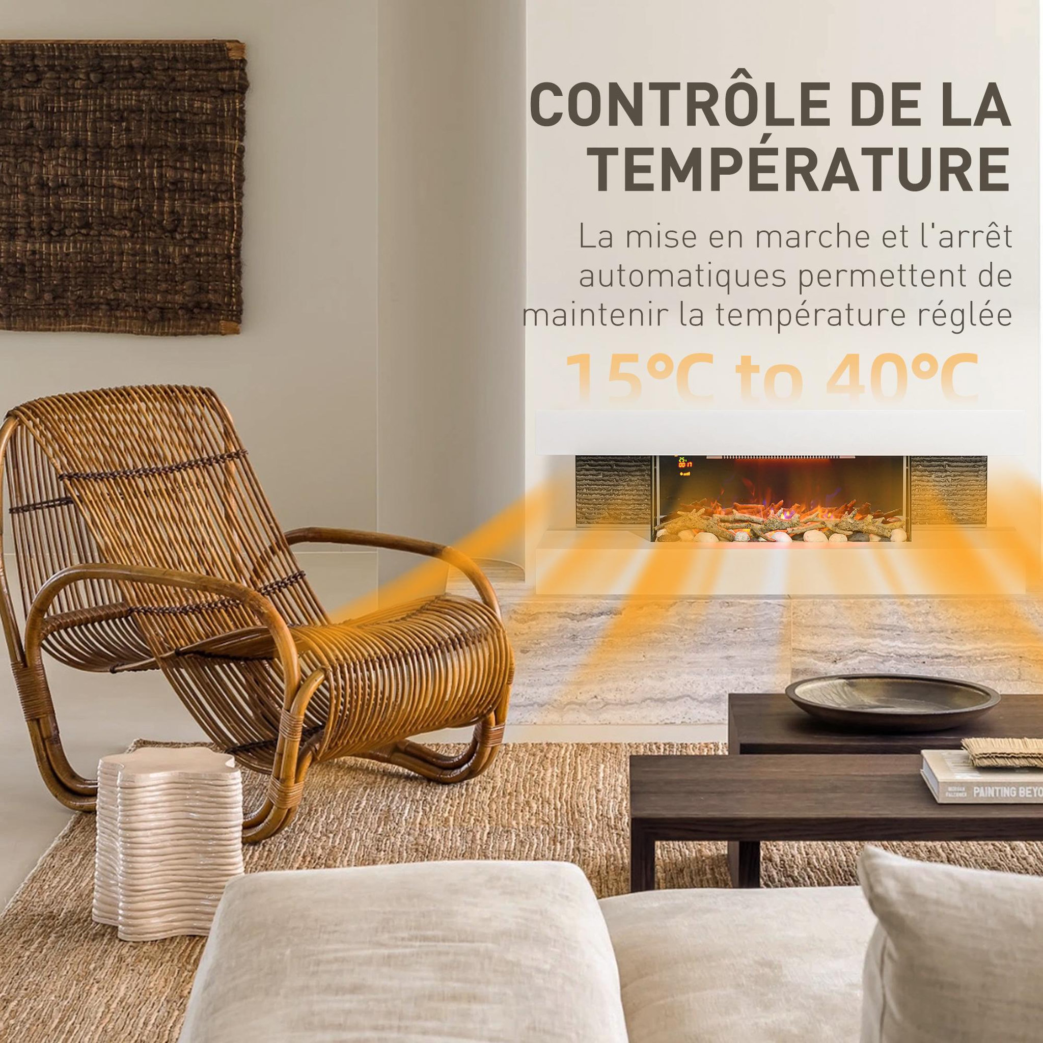 Voir la diapositive 6 : HOMCOM Cheminée électrique design contemporain 2000W effets flammes LED 3D dim. 119L x 30l x 45H cm éléments décoratifs télécommande inclus blanc