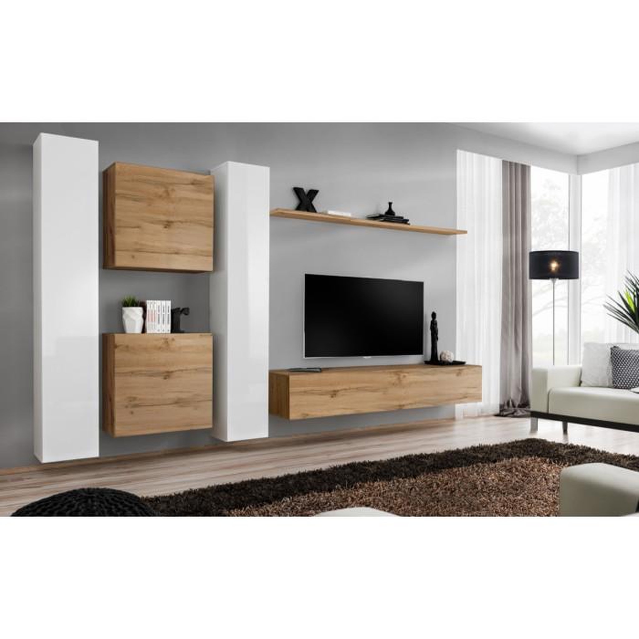 Voir la diapositive 2 : Paris Prix Meuble TV Mural Design  Switch VI  330cm Blanc & Naturel