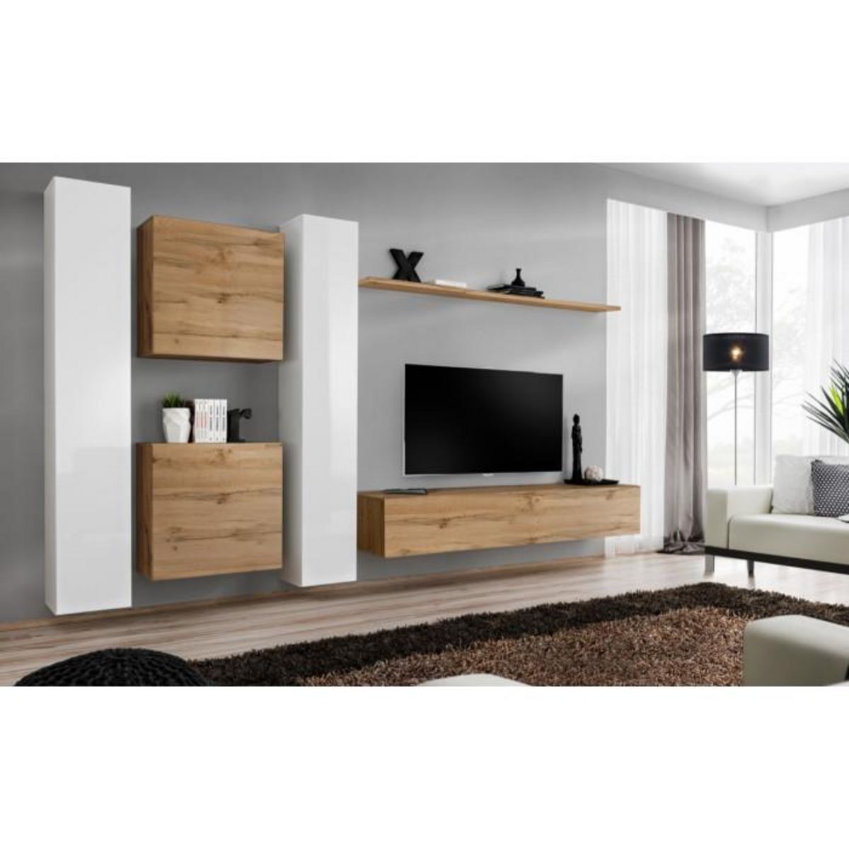 Paris Prix Meuble TV Mural Design  Switch VI  330cm Blanc & Naturel