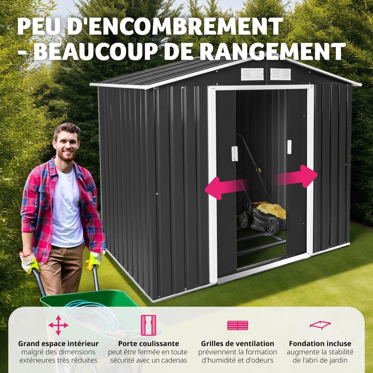 tectake Abri de jardin métal 2,7 m² toiture 2 pans en tôle d'acier gris/blanc