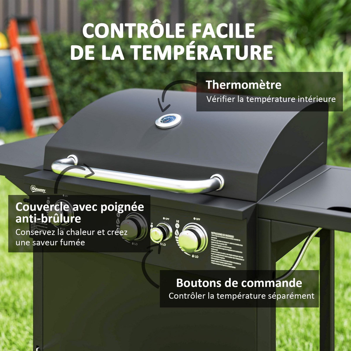 OUTSUNNY Barbecue gaz 3+1 brûleurs avec couvercle 2 roues - 9,5 kW - 2 grilles chromées, étagères latérales, thermomètre - noir