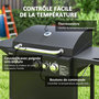 Voir la diapositive 3 : OUTSUNNY Barbecue gaz 3+1 brûleurs avec couvercle 2 roues - 9,5 kW - 2 grilles chromées, étagères latérales, thermomètre - noir
