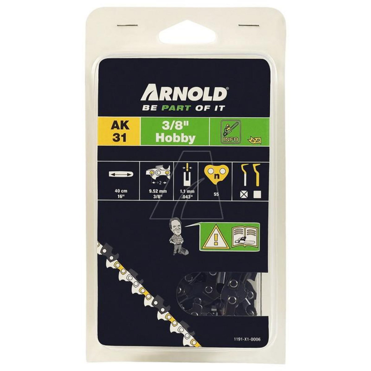 ARNOLD Chaîne de tronçonneuse 3/8 , 1,1 mm - 55 maillons d'entraineurs - gouges demi-rondes