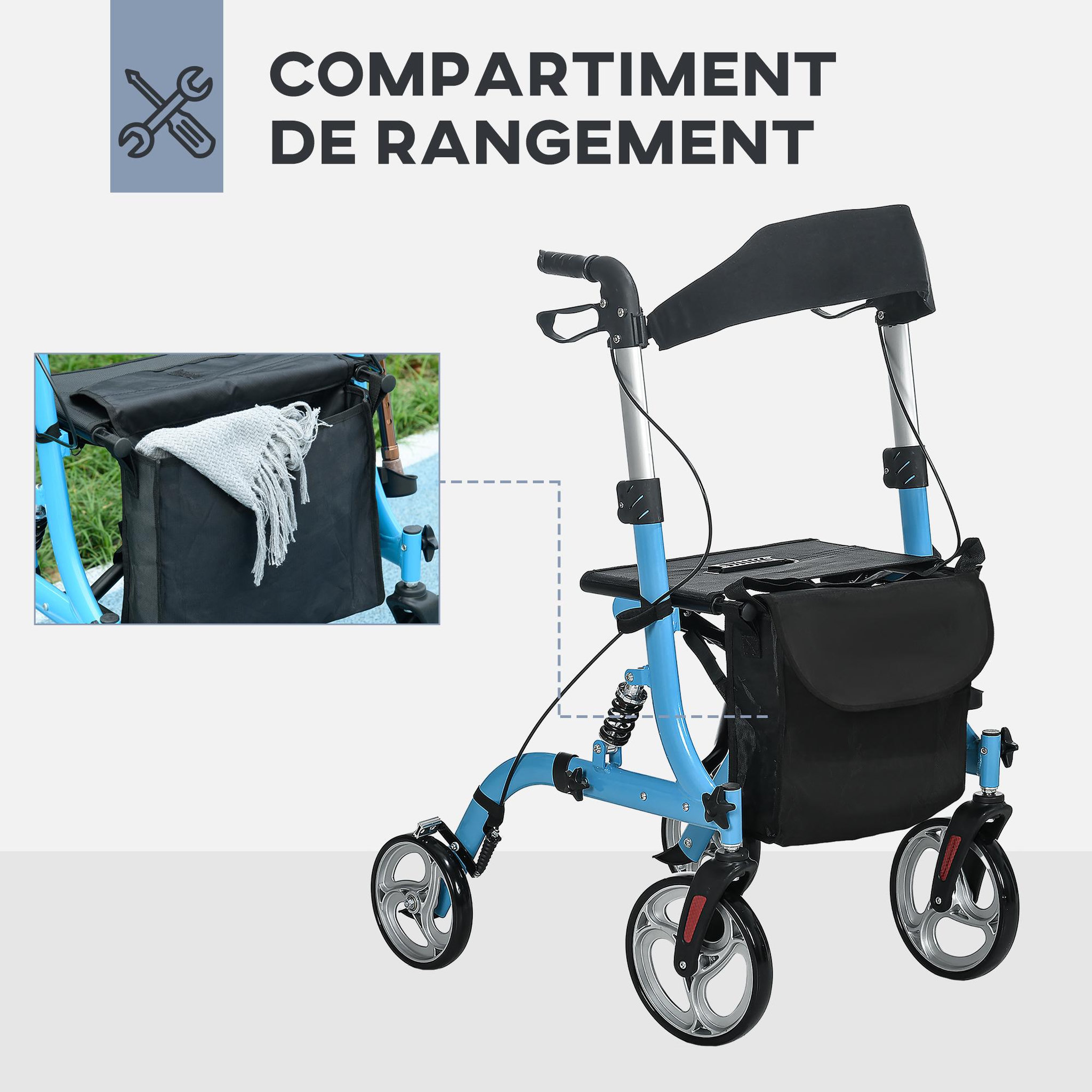 Voir la diapositive 6 : HOMCOM Déambulateur 4 roues - pliable, léger - assise, dossier, hauteur poignées réglable, freins à main - sacoche rangement - alu. bleu noir