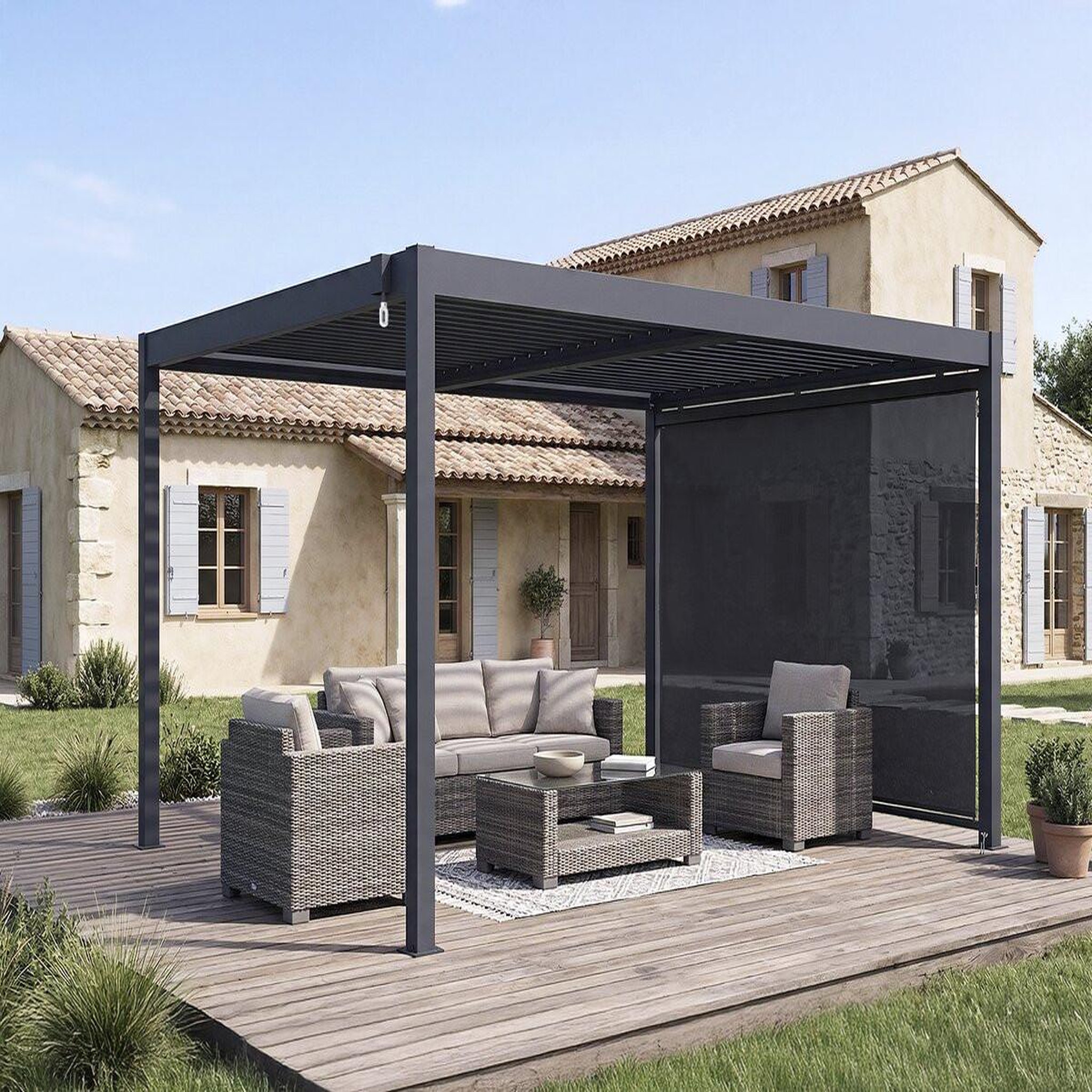 Voir la diapositive 2 : Habitat et Jardin Pergola bioclimatique avec store en aluminium  windsor  - 3 x 4 m - gris