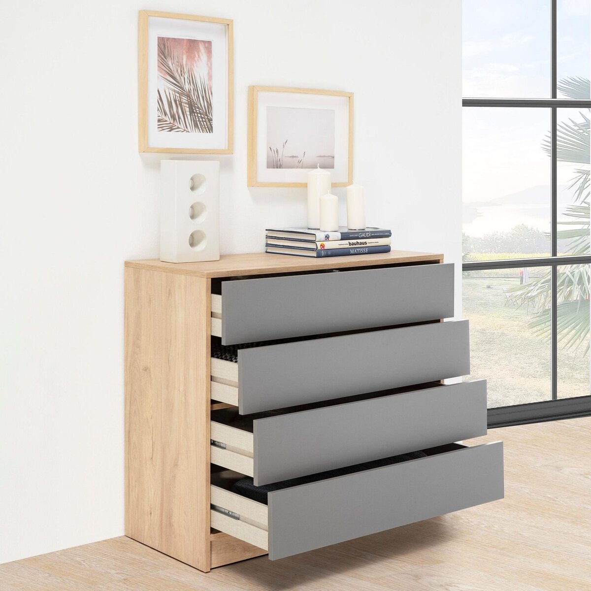 VS VENTA-STOCK Commode de Nuit Panama 4 tiroirs, Couleur Bois et Gris, 80 cm Largeur