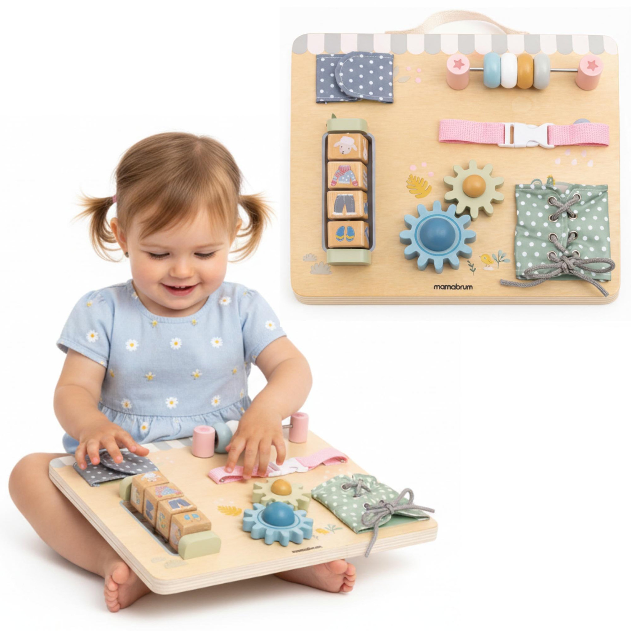 MAMABRUM Tableau Manipulation Bois Mamabrum Engrenages Lacets Velcro 30x24 cm 18M+