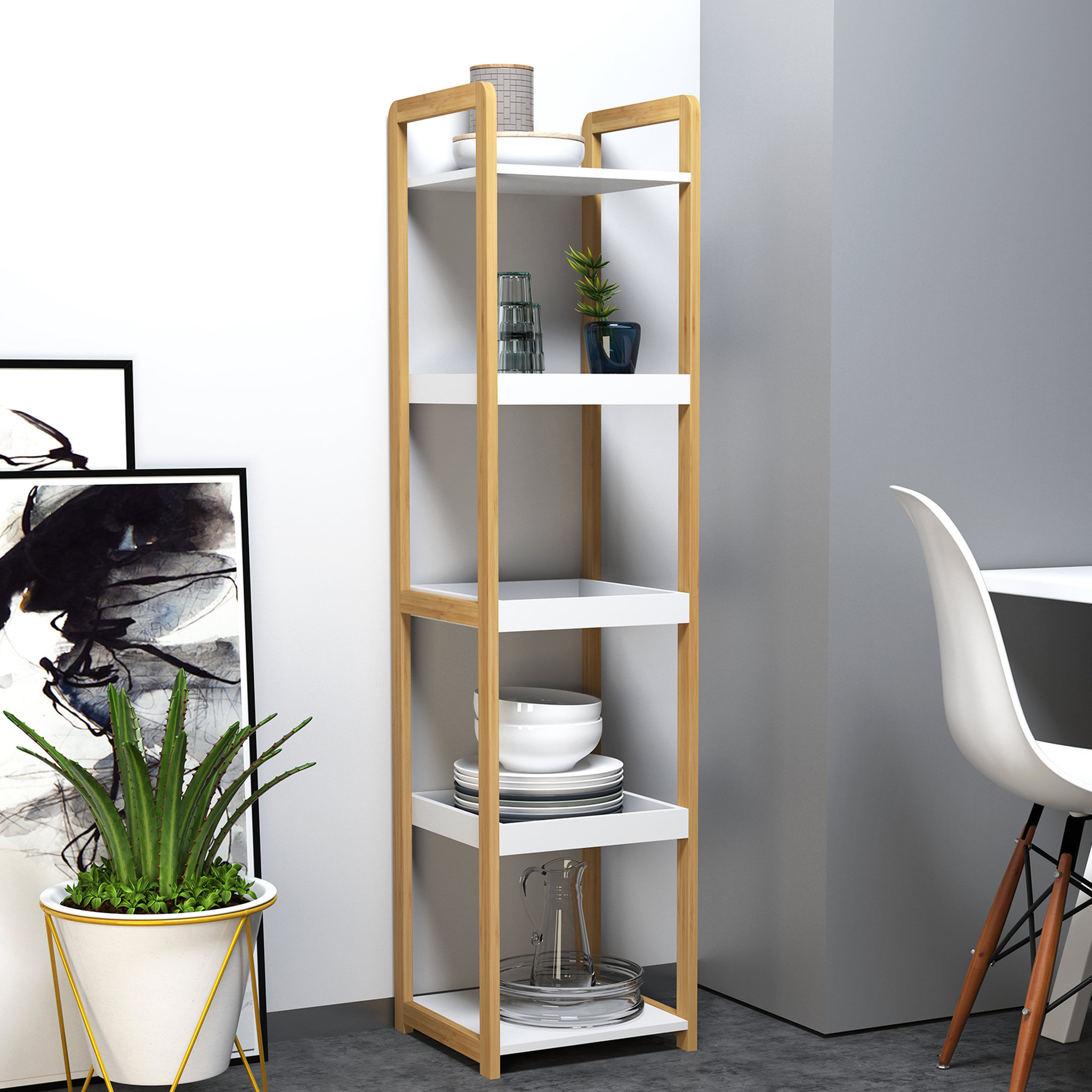 Voir la diapositive 2 : HOMCOM Etagère en bambou de salle de bain étagère debout 3 paniers + 2 étagères dim. 32L x 30l x 130H cm beige blanc