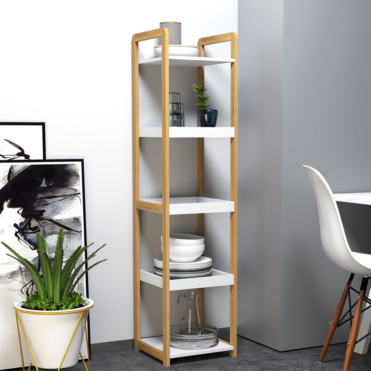 HOMCOM Etagère en bambou de salle de bain étagère debout 3 paniers + 2 étagères dim. 32L x 30l x 130H cm beige blanc