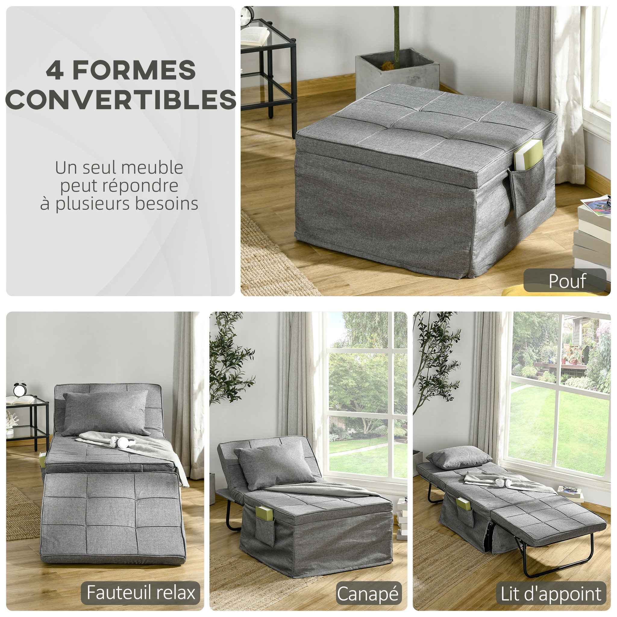 Voir la diapositive 5 : HOMCOM Fauteuil relax canapé pouf lit d'appoint 4 en 1 dossier inclinable 5 niveaux repose-pied rabattable châssis acier noir polyester gris