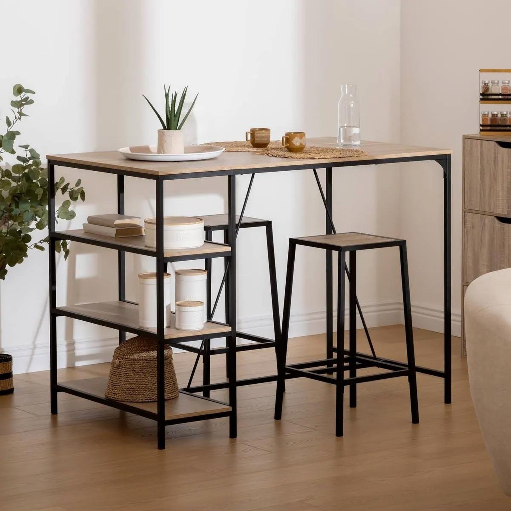 Voir la diapositive 2 : FIVE Table de bar avec étagères  aliaj  140cm naturel