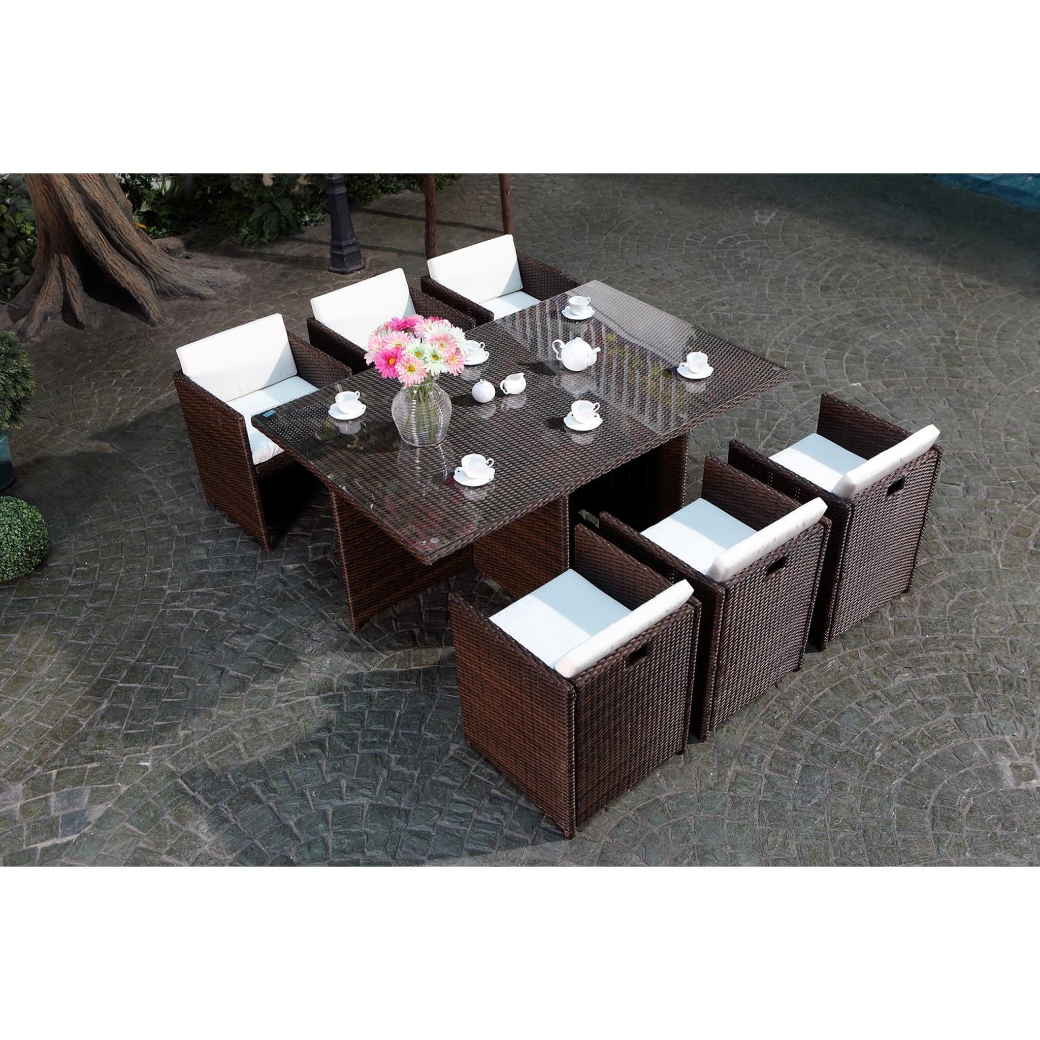 Voir la diapositive 5 : CONCEPT USINE Salon de jardin 6 places marron-blanc + housse de protection miami