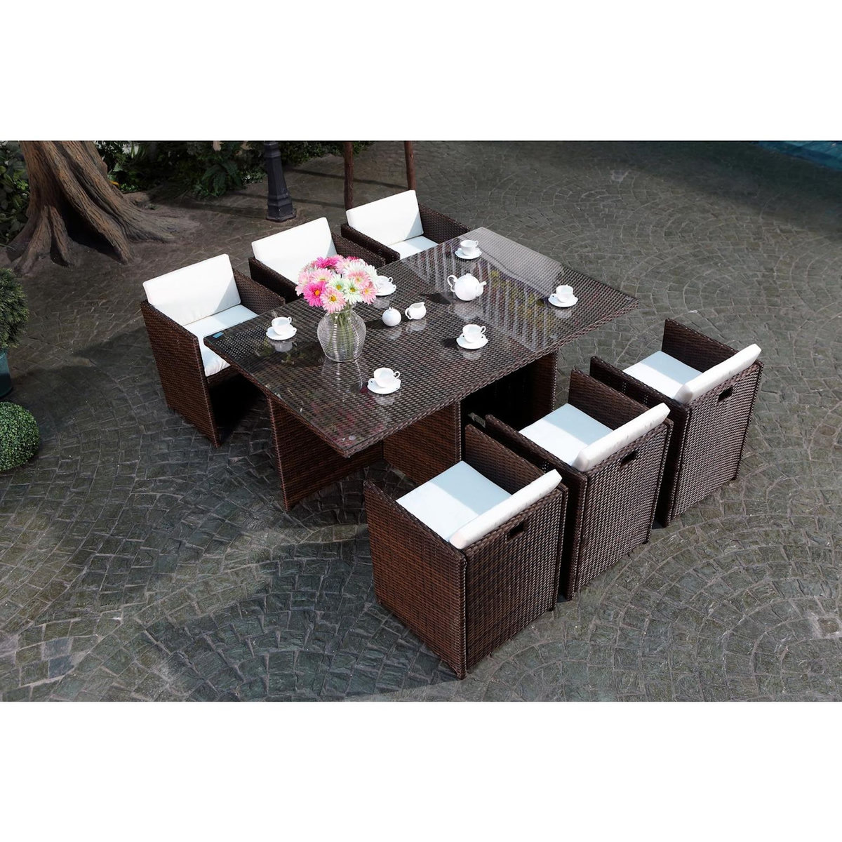 CONCEPT USINE MIAMI - Salon de jardin 6 places marron-blanc + housse de protection MIAMI