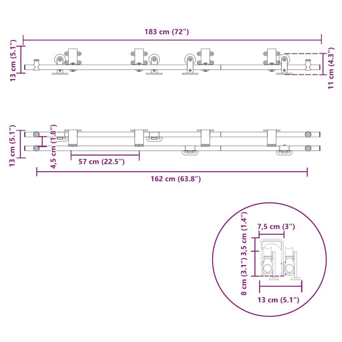 VIDAXL Kit fixation porte coulissante 183 cm Acier inoxydable Argente