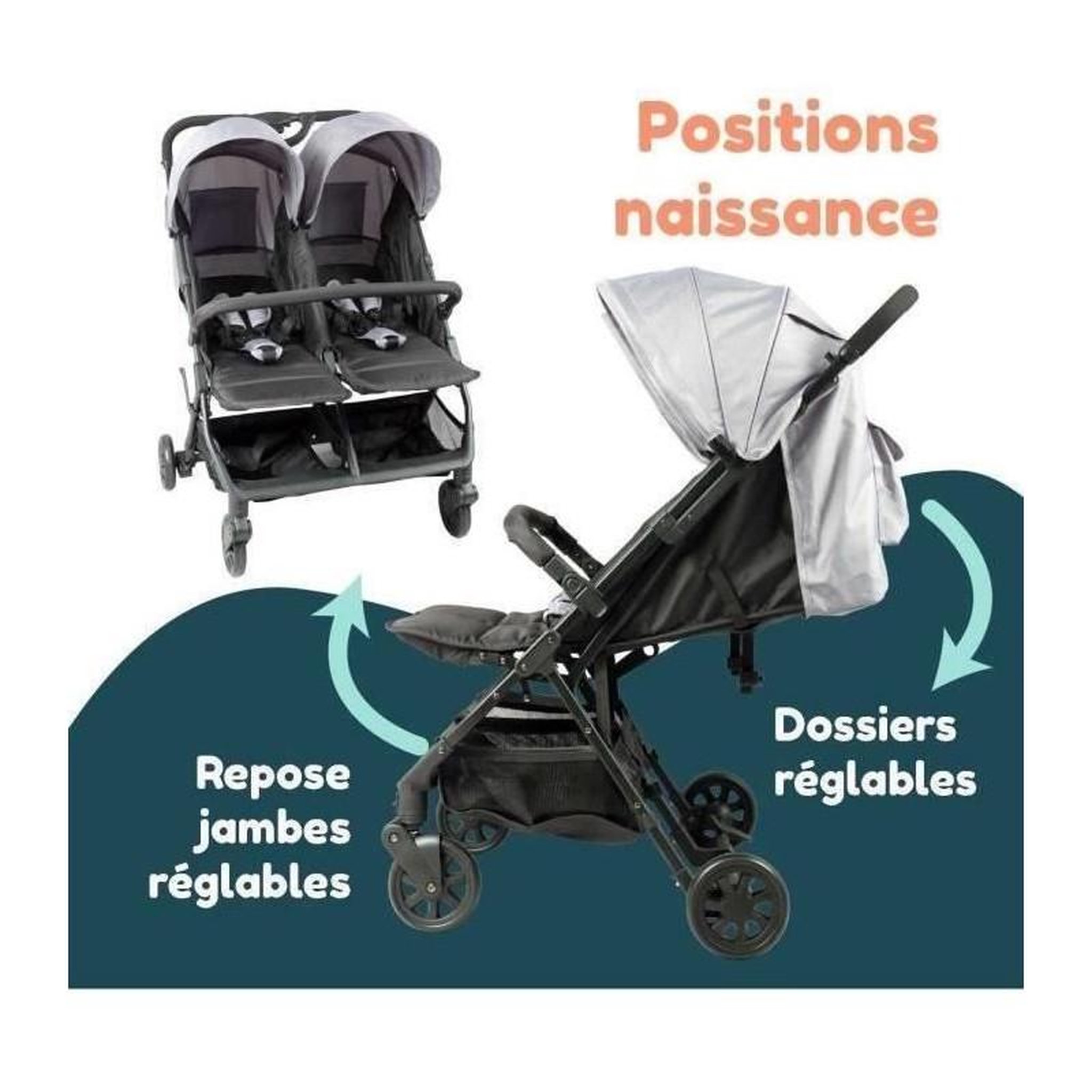 Voir la diapositive 5 : BAMBISOL Bambisol - DS209 GRIS NOIR - Poussette Double Cote a Cote | Pour Jumeaux des la Naissance, Pliage Ultra-Compact | Noir Gris
