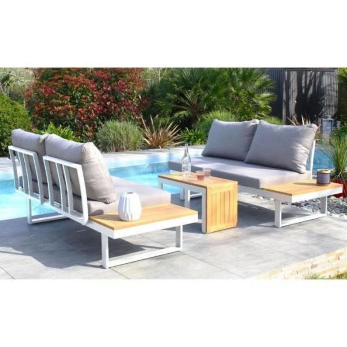 DCB GARDEN Salon de jardin modulable - Aluminium - DCB GARDEN - 4 places - TOKYO - Blanc et bois d'acacia