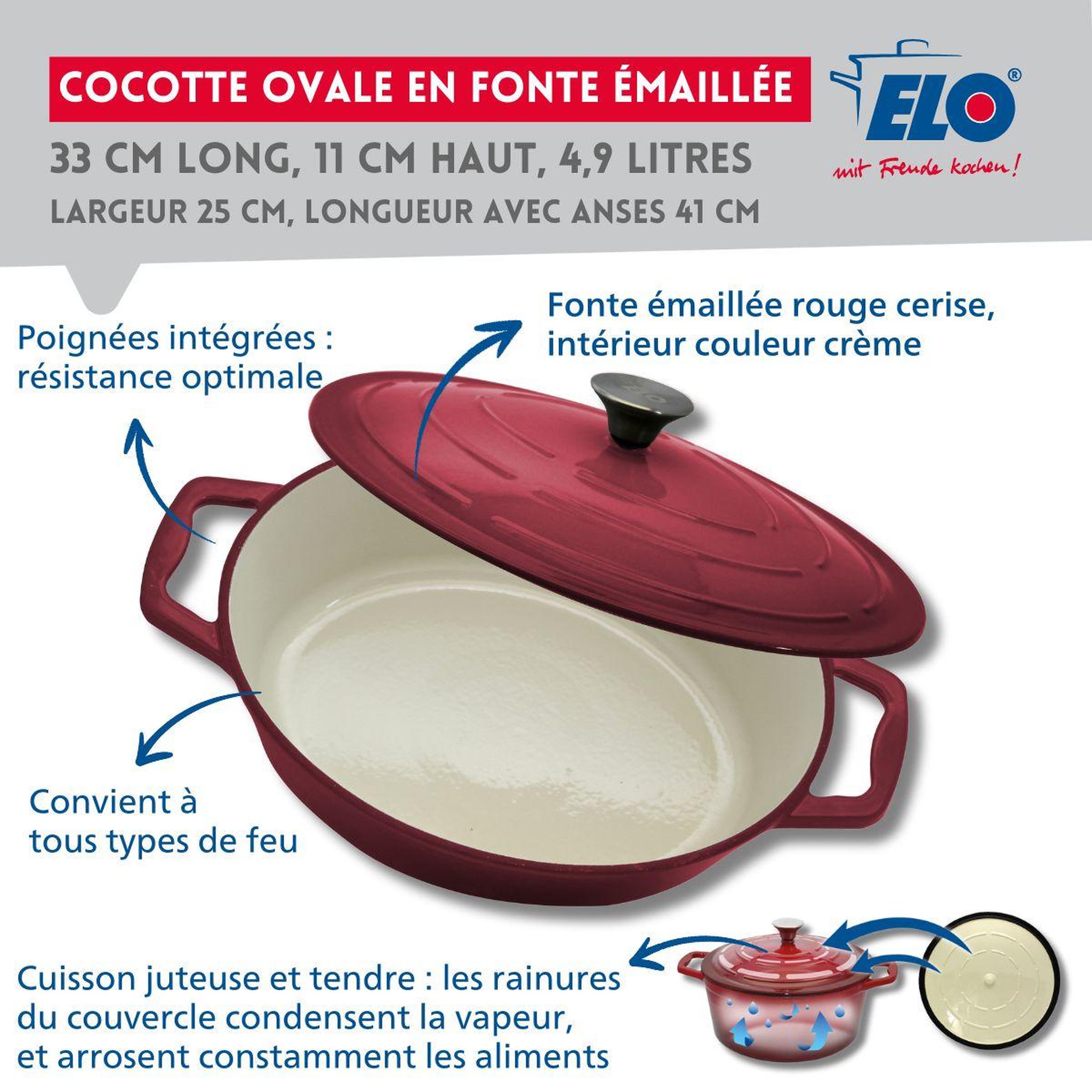 Voir la diapositive 3 : ELO Cocotte ovale en fonte émaillée 33 cm de long rouge cerise 4,9 L Elo