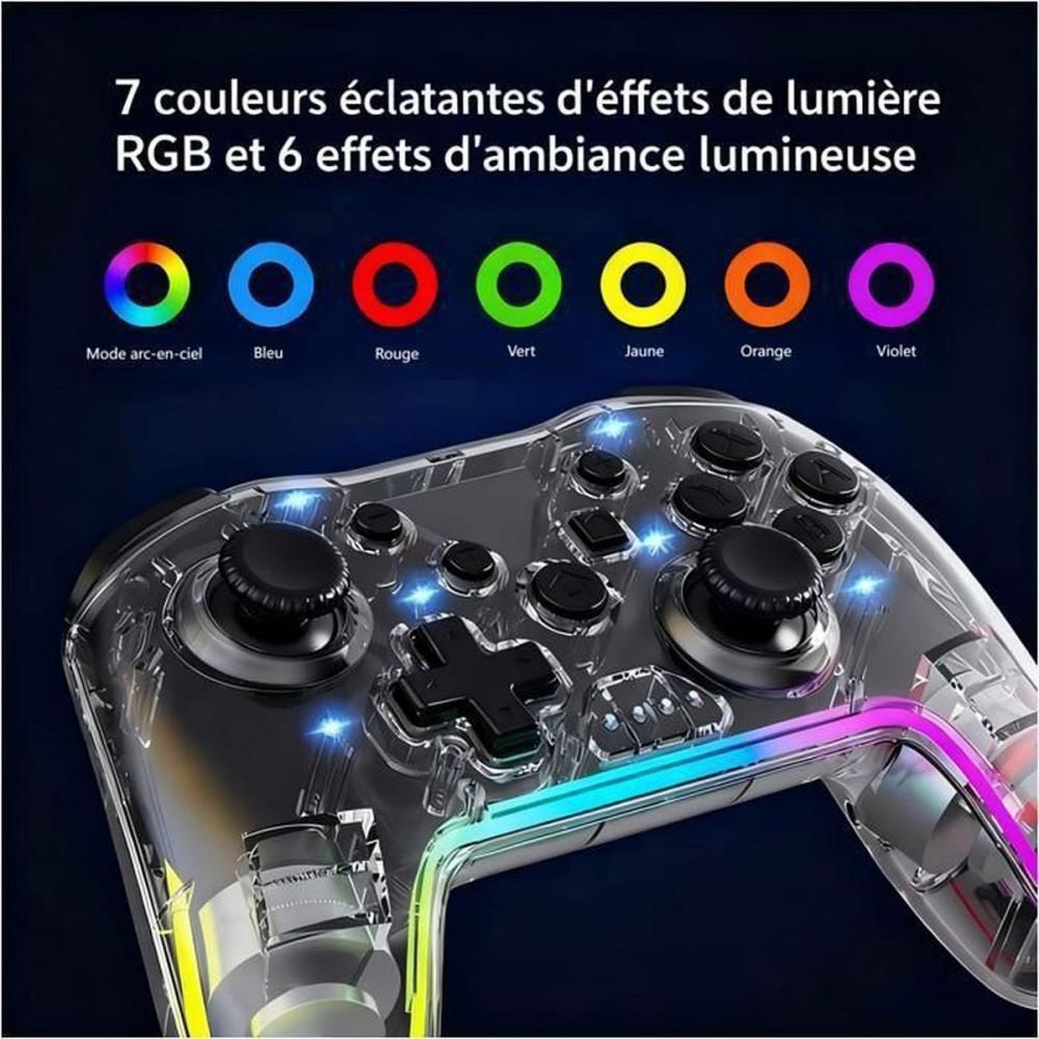 Voir la diapositive 2 : Manette de jeu sans fil transparente RGB 7 couleurs Turbo vibration Bluetooth pour Nintendo Switch 2, Android et PC
