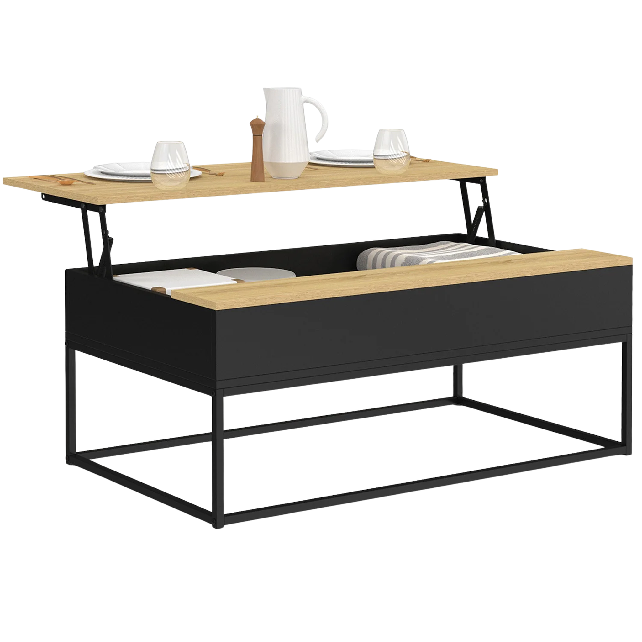 ID MARKET Table basse plateau relevable rectangulaire boston 100 cm noir plateau bois design industriel