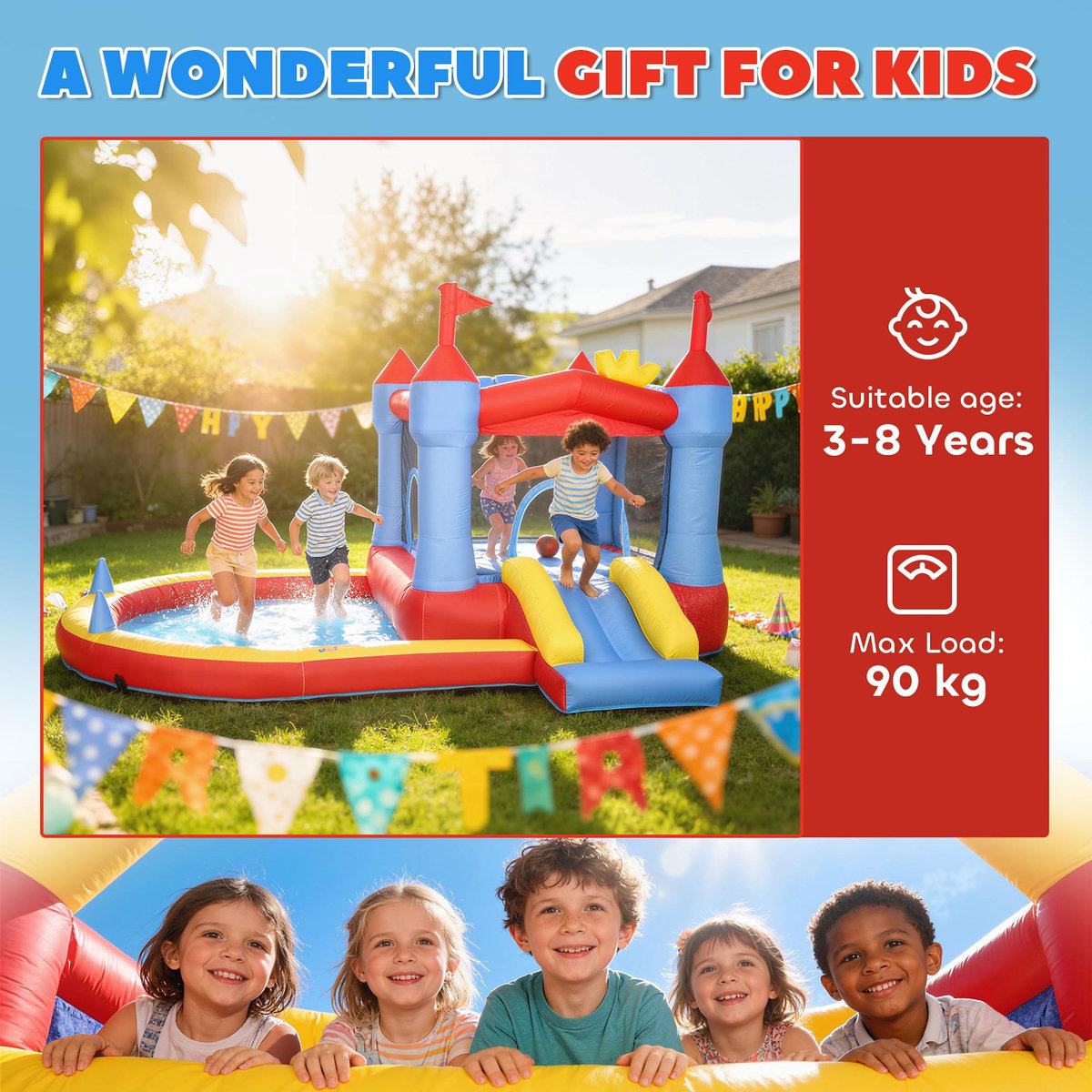 HOMCOM Château gonflable 4 en 1 piscine toboggan trampoline panier de basket