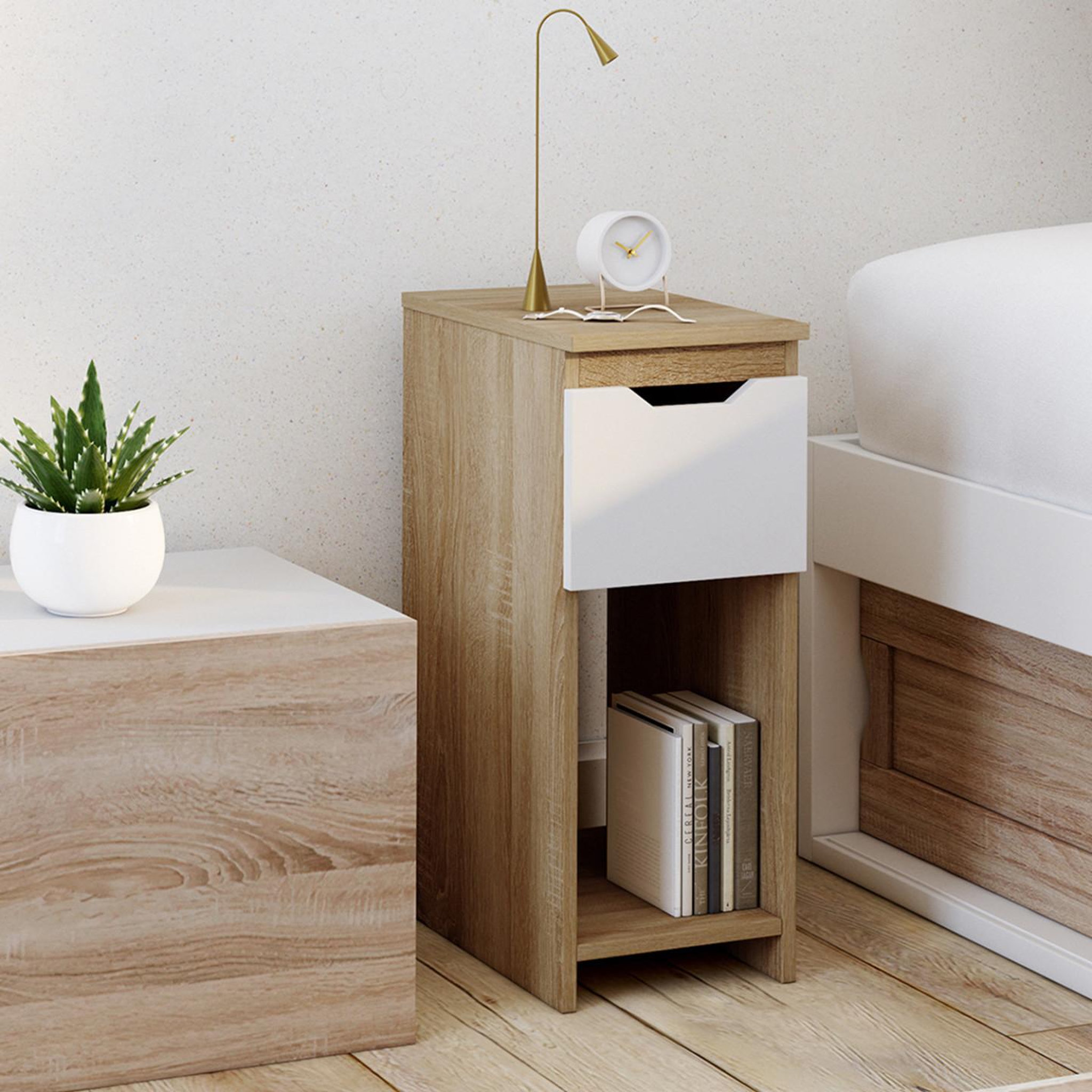 Voir la diapositive 2 : ID MARKET Lot de 2 tables de chevet étroites ANOUK 1 tiroir avec niche bois façon hêtre et blanc