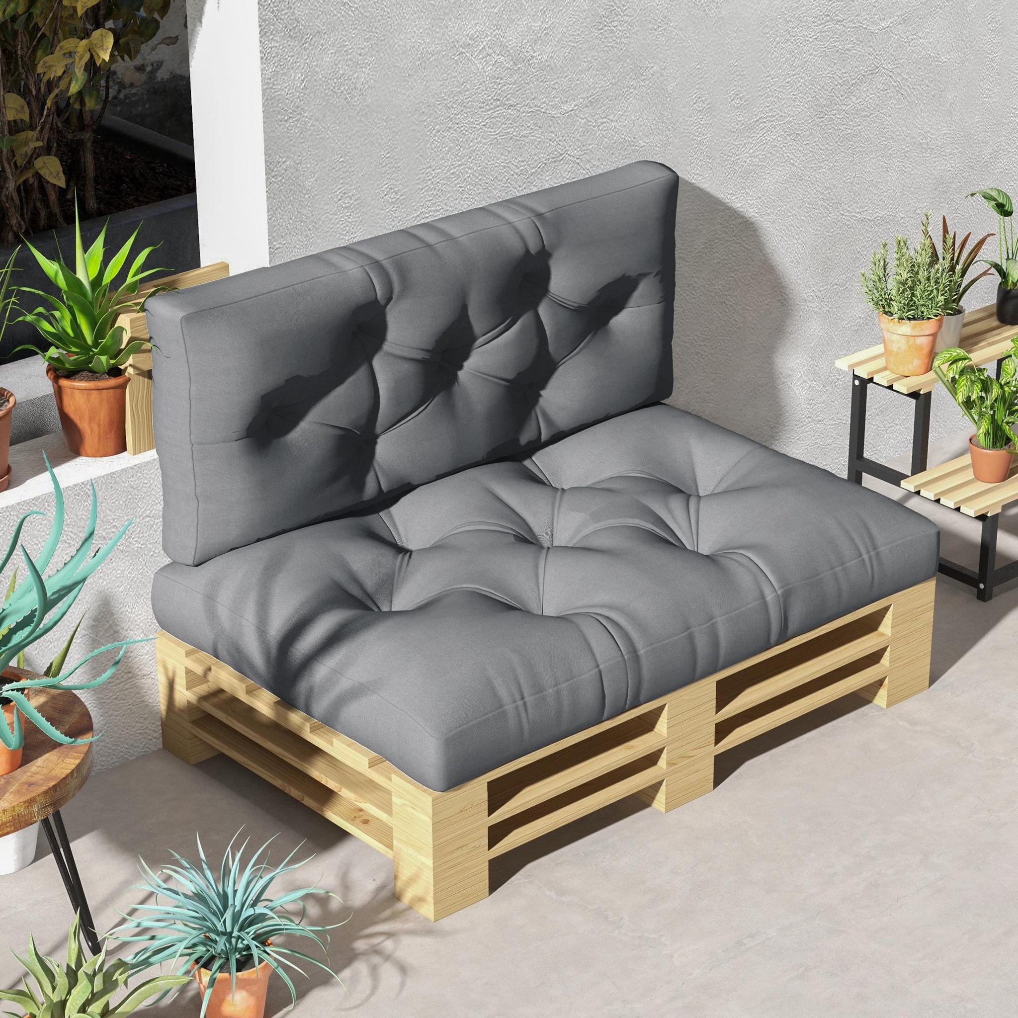 Voir la diapositive 2 : OUTSUNNY Lot de 2 coussins assises dossiers banc de jardin canapé dim. 120L x 80l x 12H cm polyester gris