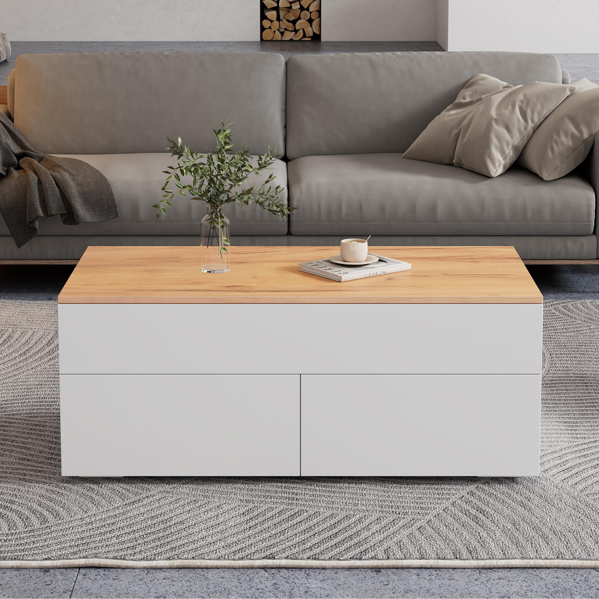 Voir la diapositive 4 : MERAX Table basse relevable rectangulaire blanc+naturel - 50x100 cm panneau de particules