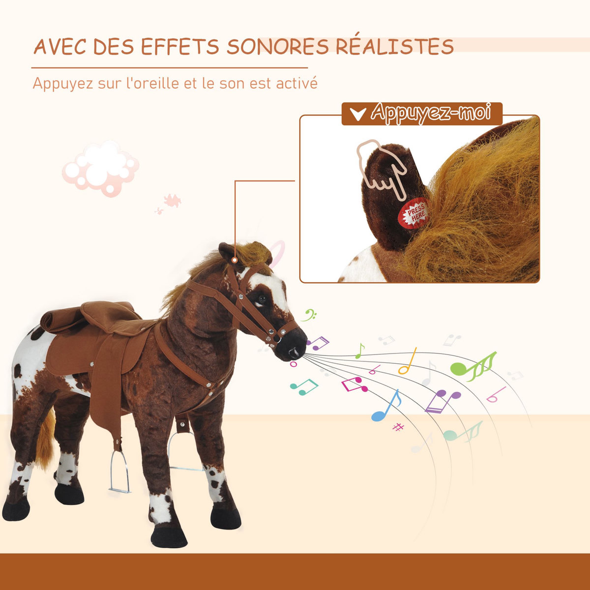 HOMCOM Cheval debout en peluche effets sonores hennissement et galop selle étrier rênes 85L x 28l x 60H marron blanc