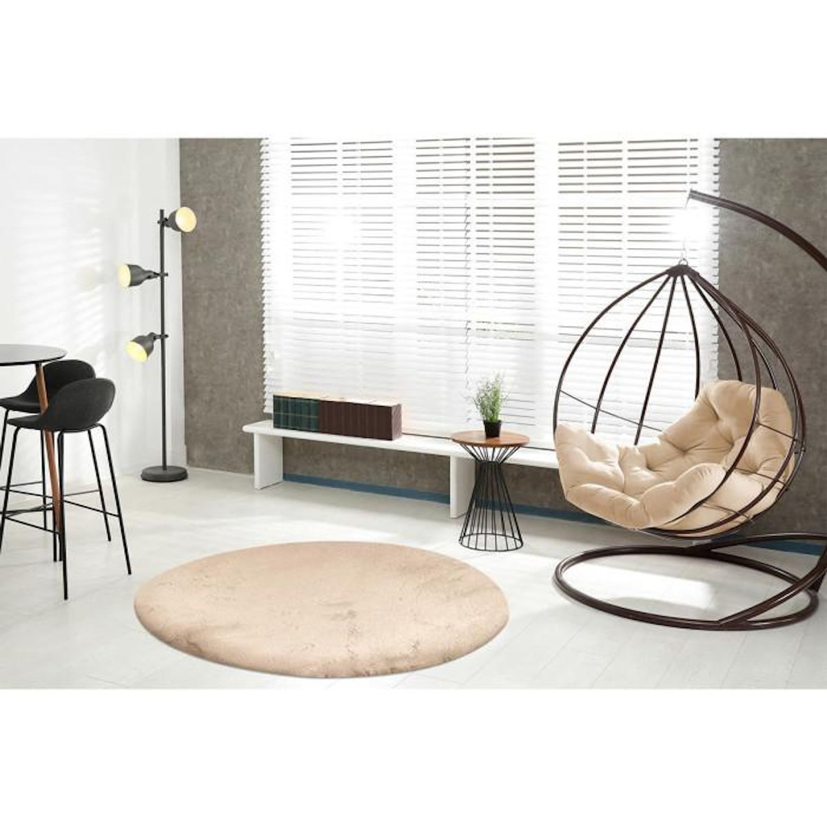 Paris Prix Tapis Uni Rond Doux à Poils Longs  Rabbit  Ivoire