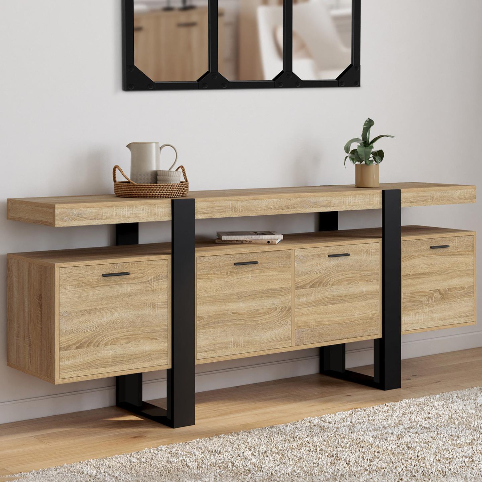 Voir la diapositive 2 : ID MARKET Buffet enfilade 200 cm phoenix xxl 4 portes avec niche bois et noir