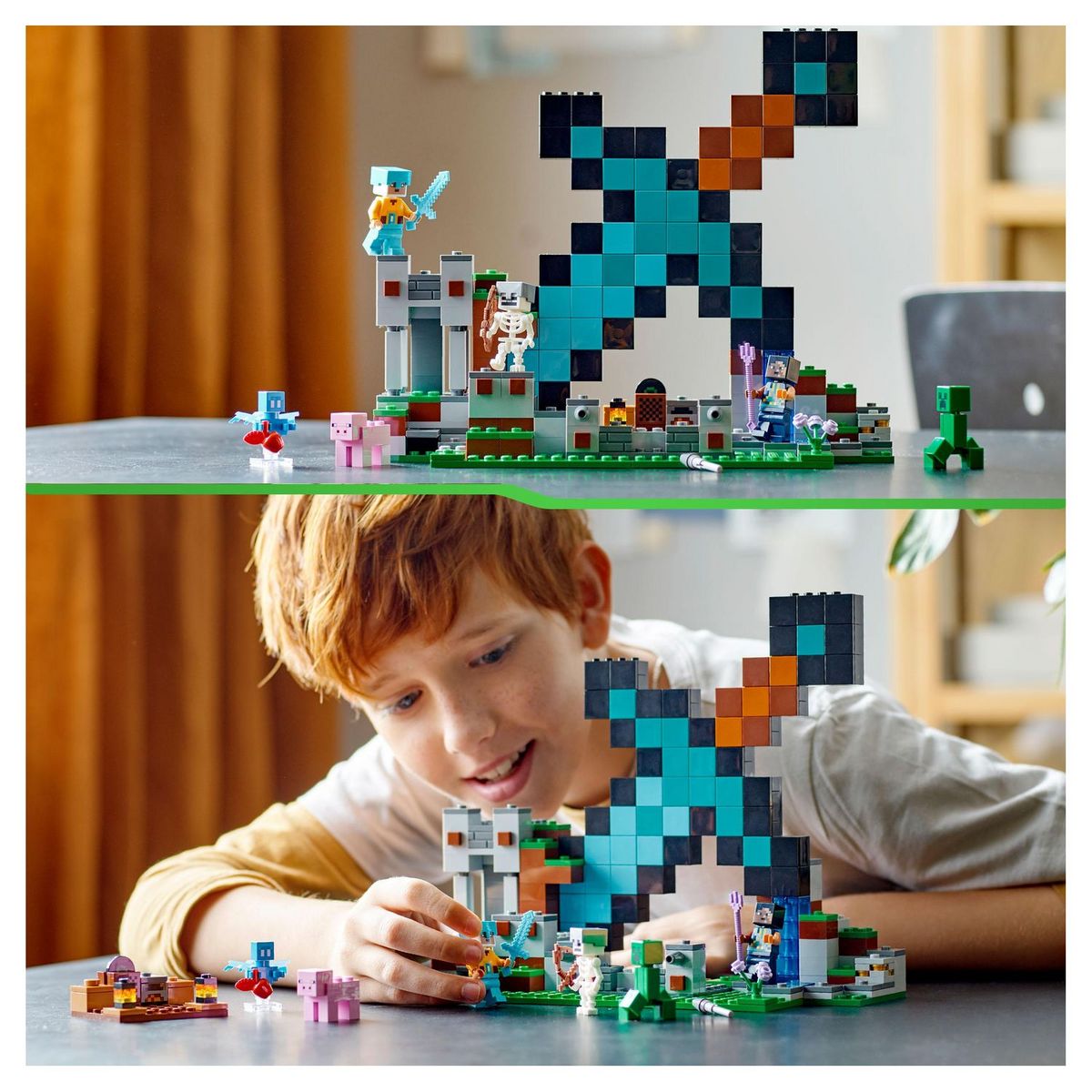 LEGO Minecraft 21244 L'avant poste de l'épée, Jouet de Construction, avec Figurines Creeper, Guerrier Gardien et Squelette,