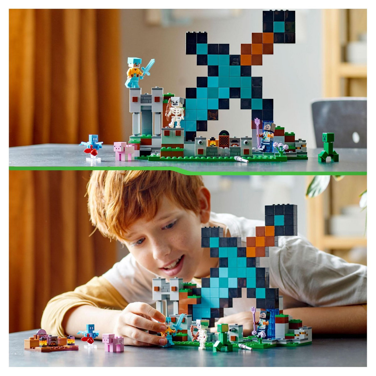LEGO Minecraft 21244 L'avant poste de l'épée, Jouet de Construction, avec Figurines Creeper, Guerrier Gardien et Squelette,