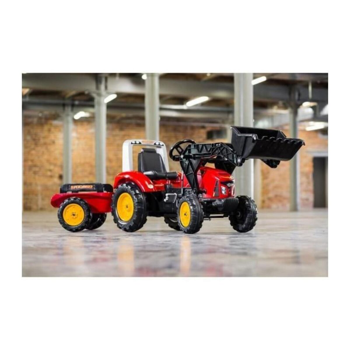 FALK FALK Tractopelle a pedales Supercharger rouge avec capot ouvrant et remorque