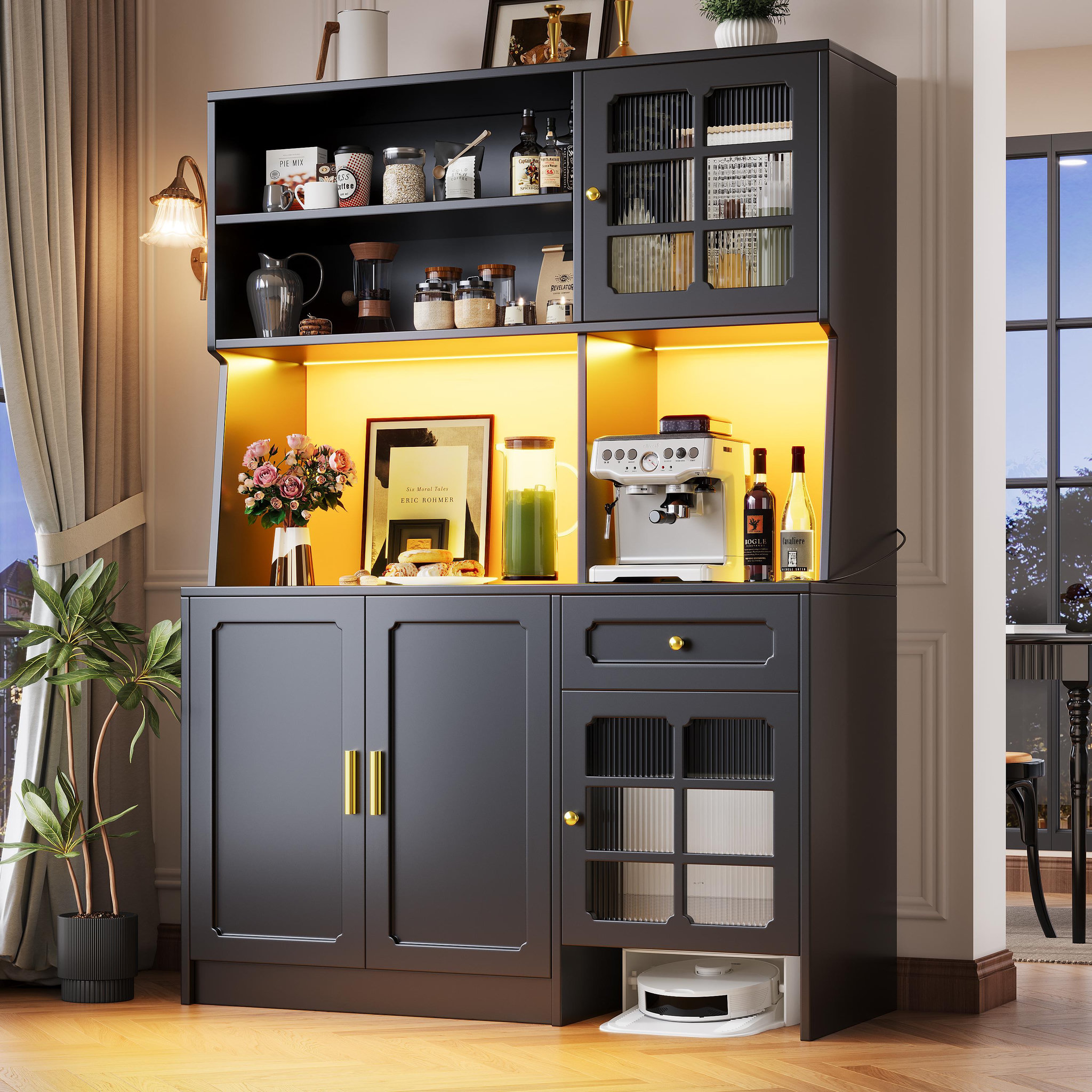 Voir la diapositive 4 : MERAX Buffet de cuisine 4 portes 1 tiroir - 130 cm noir led mdf