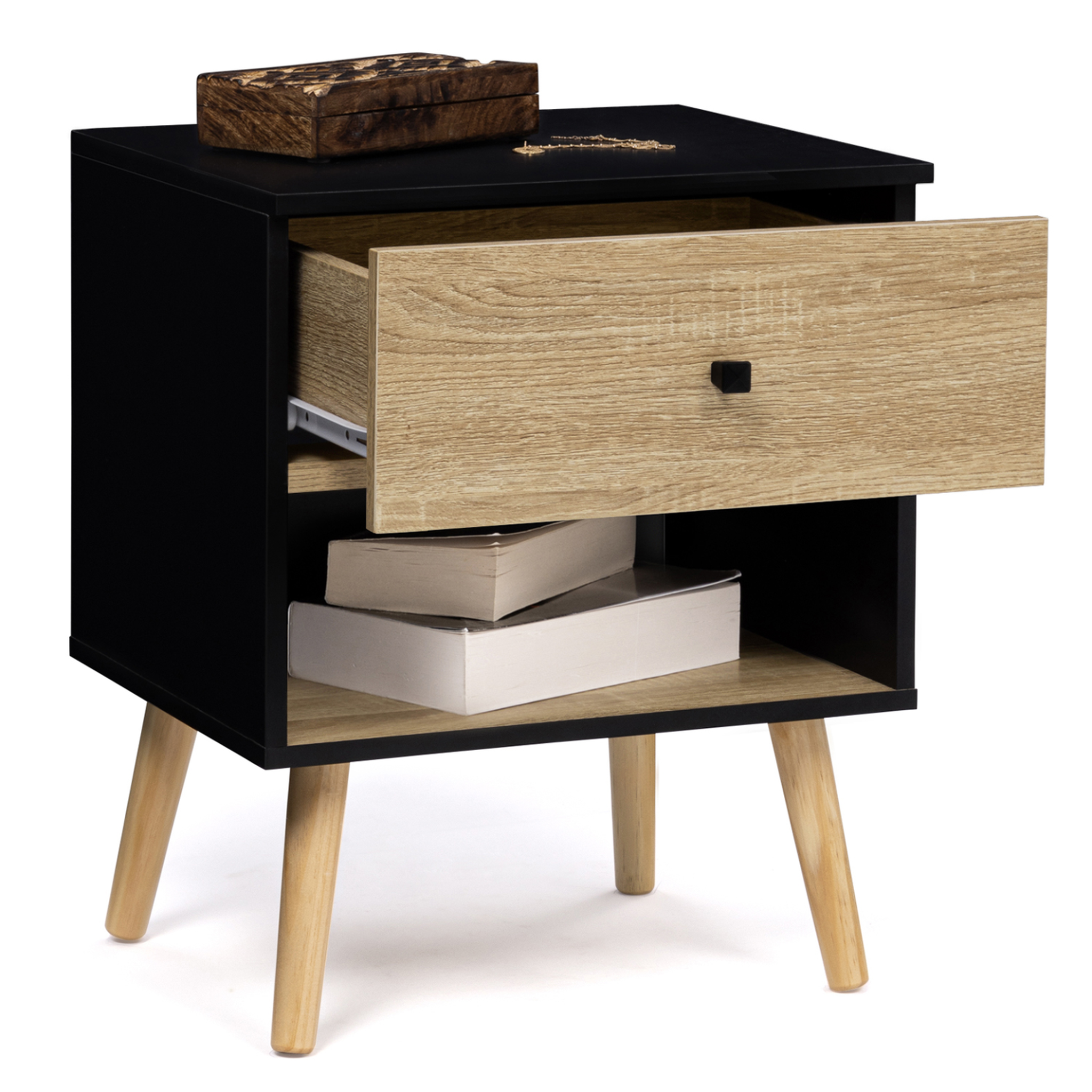 Voir la diapositive 4 : ID MARKET Lot de 2 tables de chevet emmie scandinaves 1 tiroir avec niche noir et hêtre