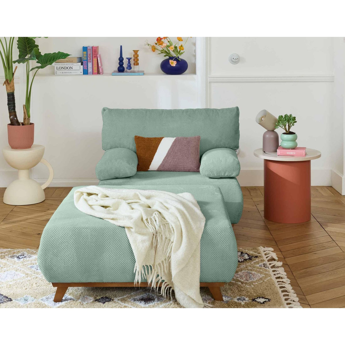 BEST MOBILIER Cristal - fauteuil - convertible avec coffre et grand pouf - en velours texturé