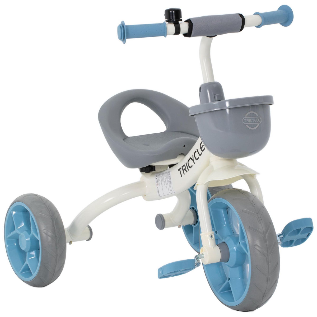 HOMCOM Tricycle enfant multi-équipé garde-boue avant sonnette pédales antidérapantes selle avec dossier bleu blanc gris