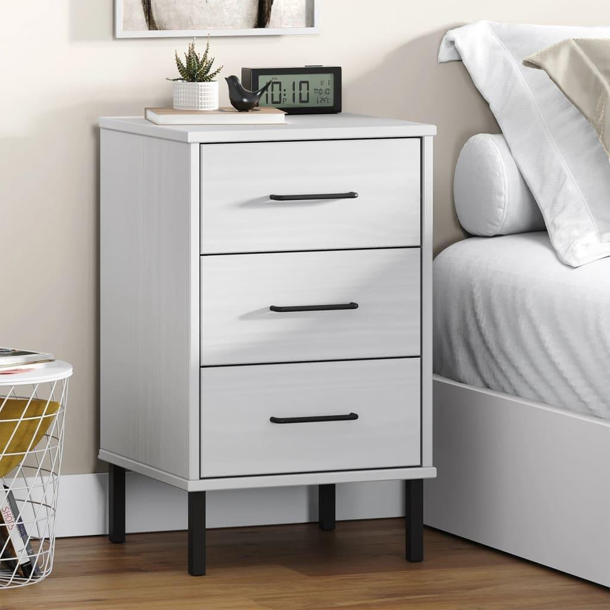 Voir la diapositive 1 : VIDAXL Table de chevet avec pieds en metal Blanc Bois pin massif OSLO