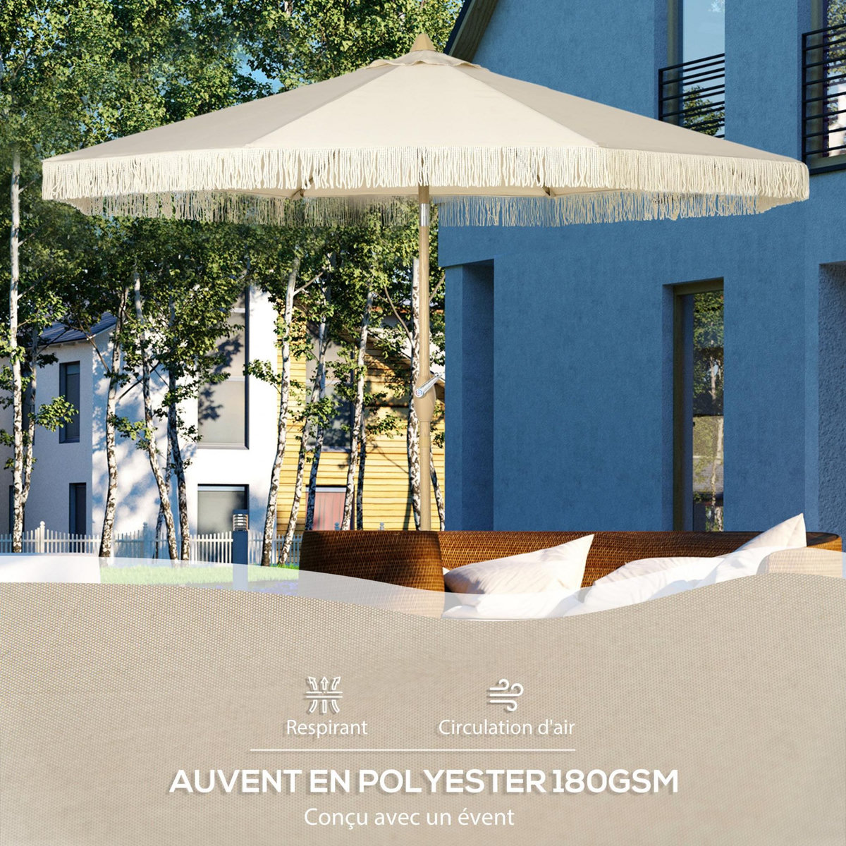 OUTSUNNY Parasol octogonal inclinable Ø 2,65 x 2,44H m mât baleine métal aspect bois polyester haute densité 180 g/m² beige