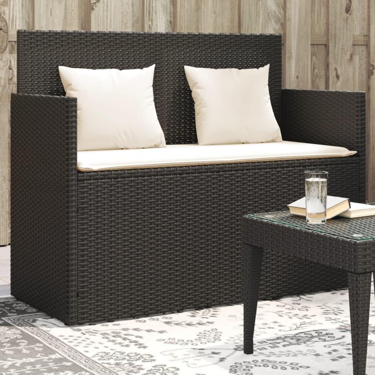VIDAXL Banc de jardin avec coussins noir resine tressee