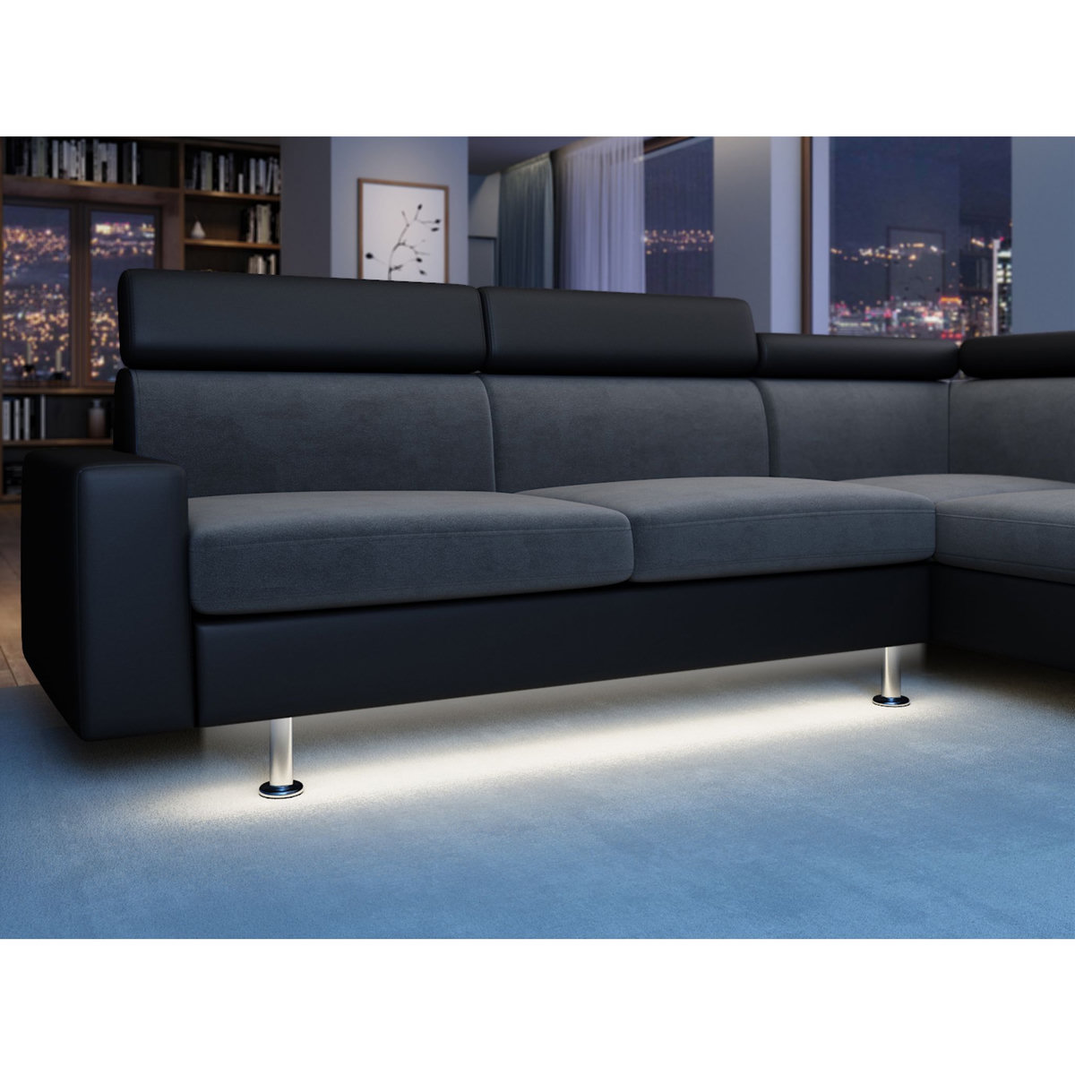 Canapé d'angle 4-5 places avec LED - TOMY- Simili Noir, microfibre Grise - Angle droit