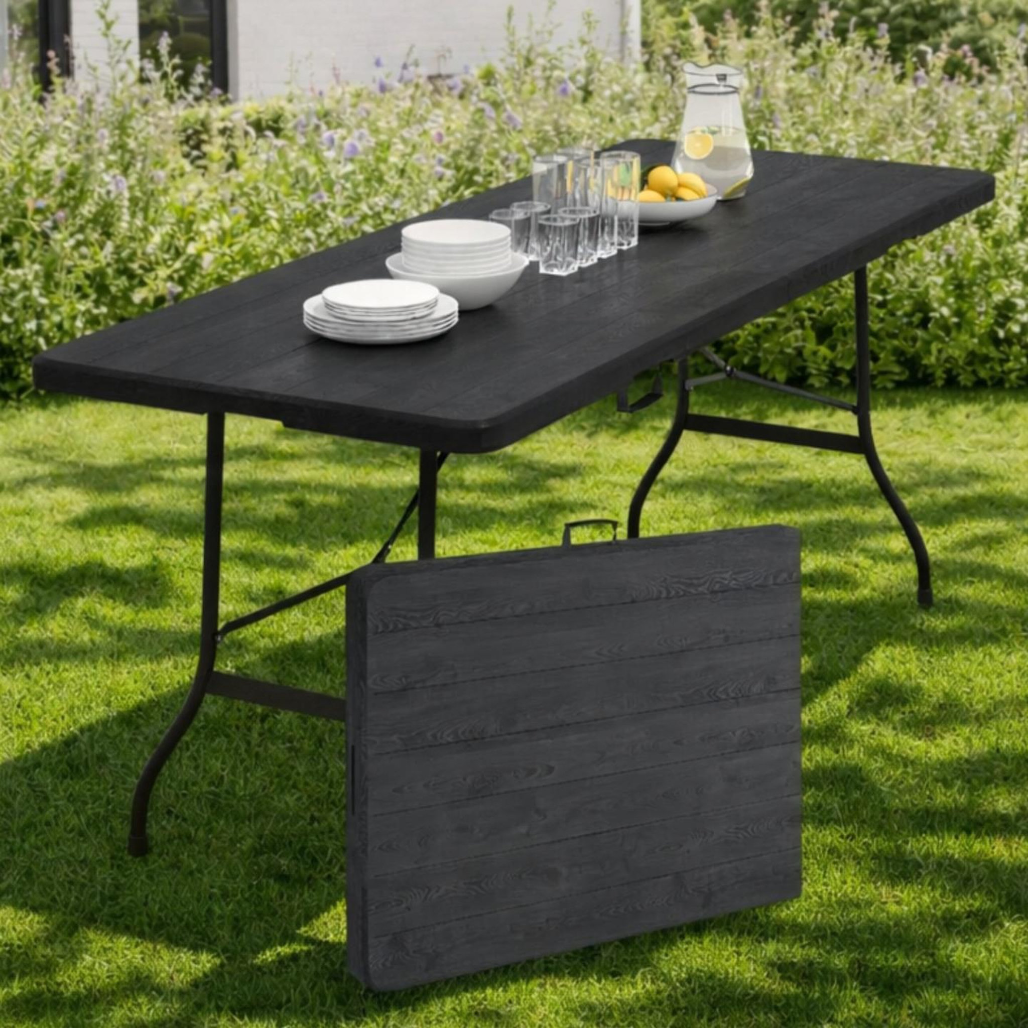 Voir la diapositive 2 : ID MARKET Table pliante d'appoint portable 180 cm pour camping ou réception imitation bois noir
