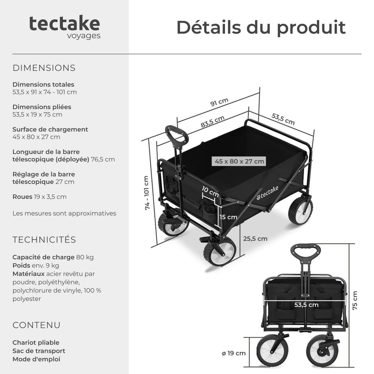tectake Chariot pliable avec poignée téléscopique noir