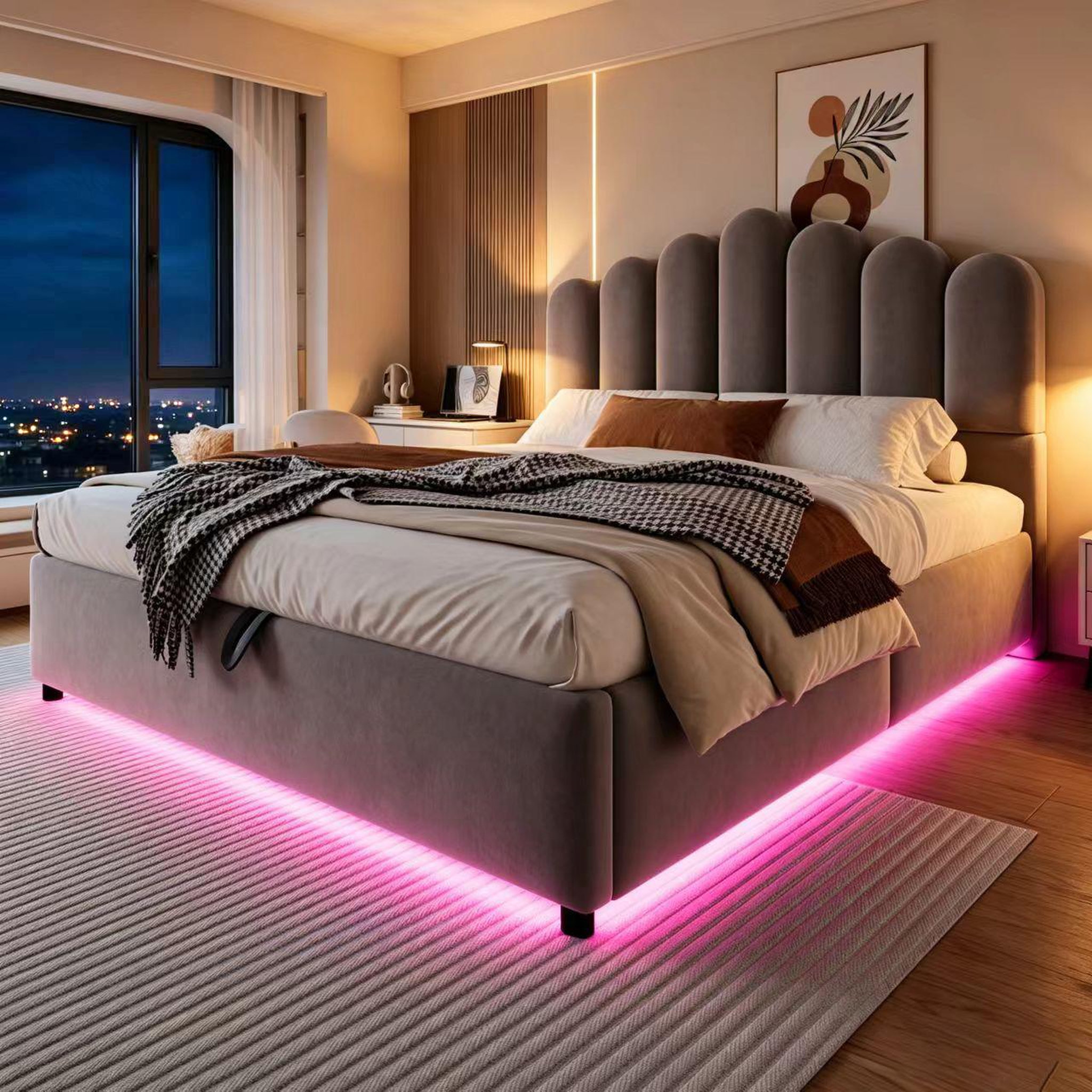 Voir la diapositive 4 : MERAX Lit coffre velours avec led, tête de lit capitonnée et sommier à lattes