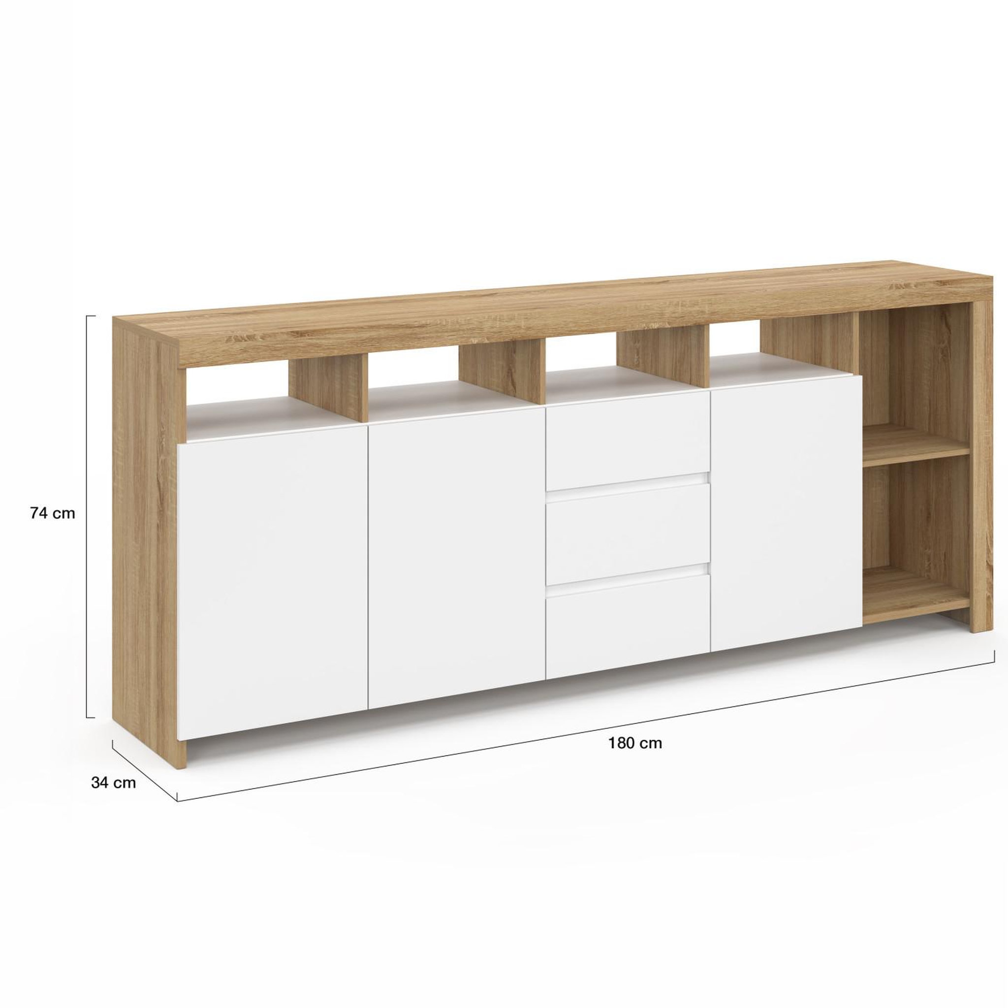 Voir la diapositive 5 : ID MARKET Buffet 180 cm MALO bois façon hêtre 3 portes et 3 tiroirs blancs