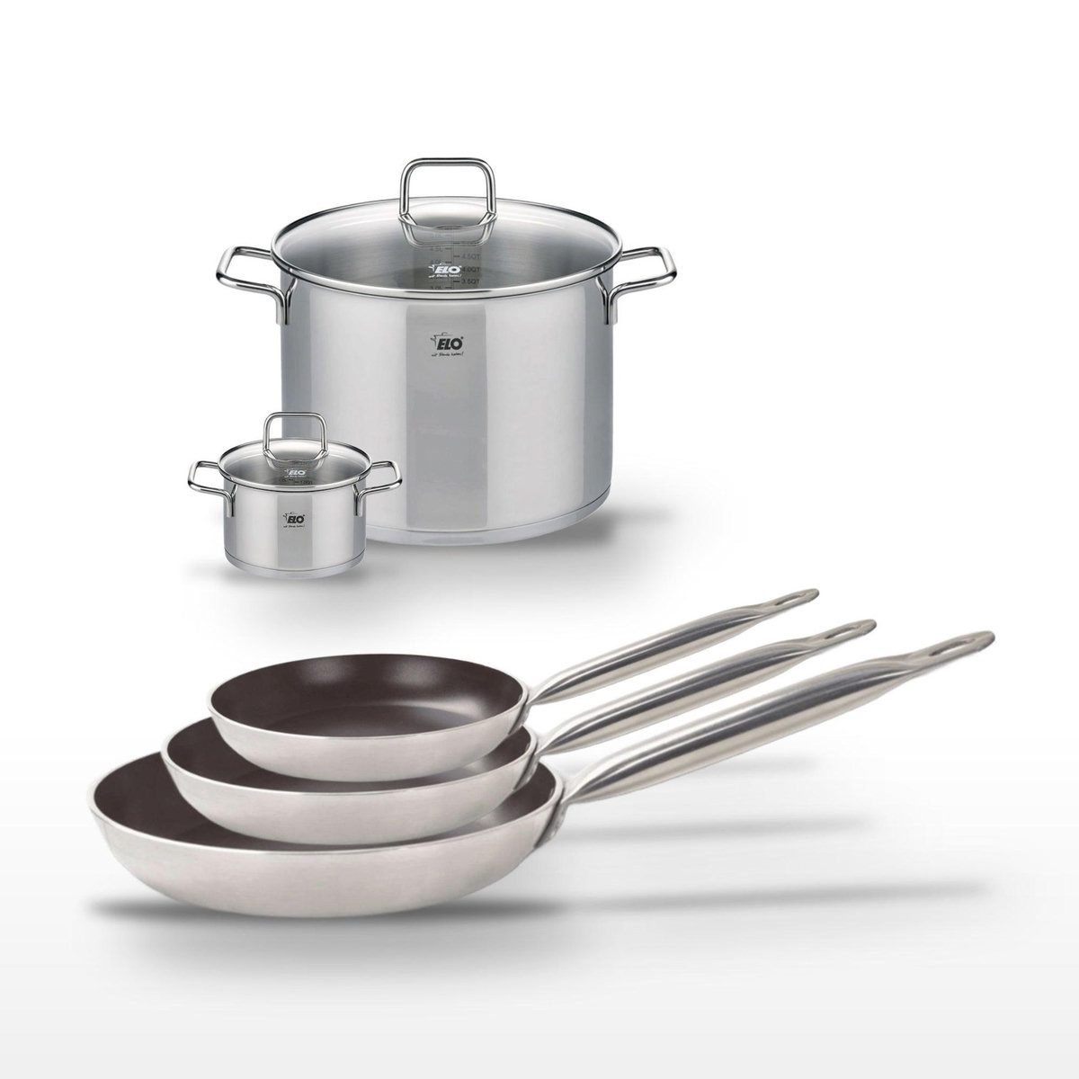 ELO Lot de 3 Poêles 24/28/32 cm et 2 Faitouts 14/26 cm Elo Bistro Line